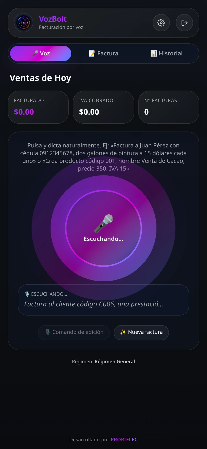 Dictado por voz en curso en VozBolt