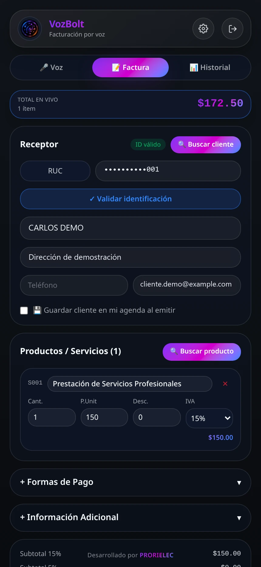 Factura preparada por VozBolt lista para revisión