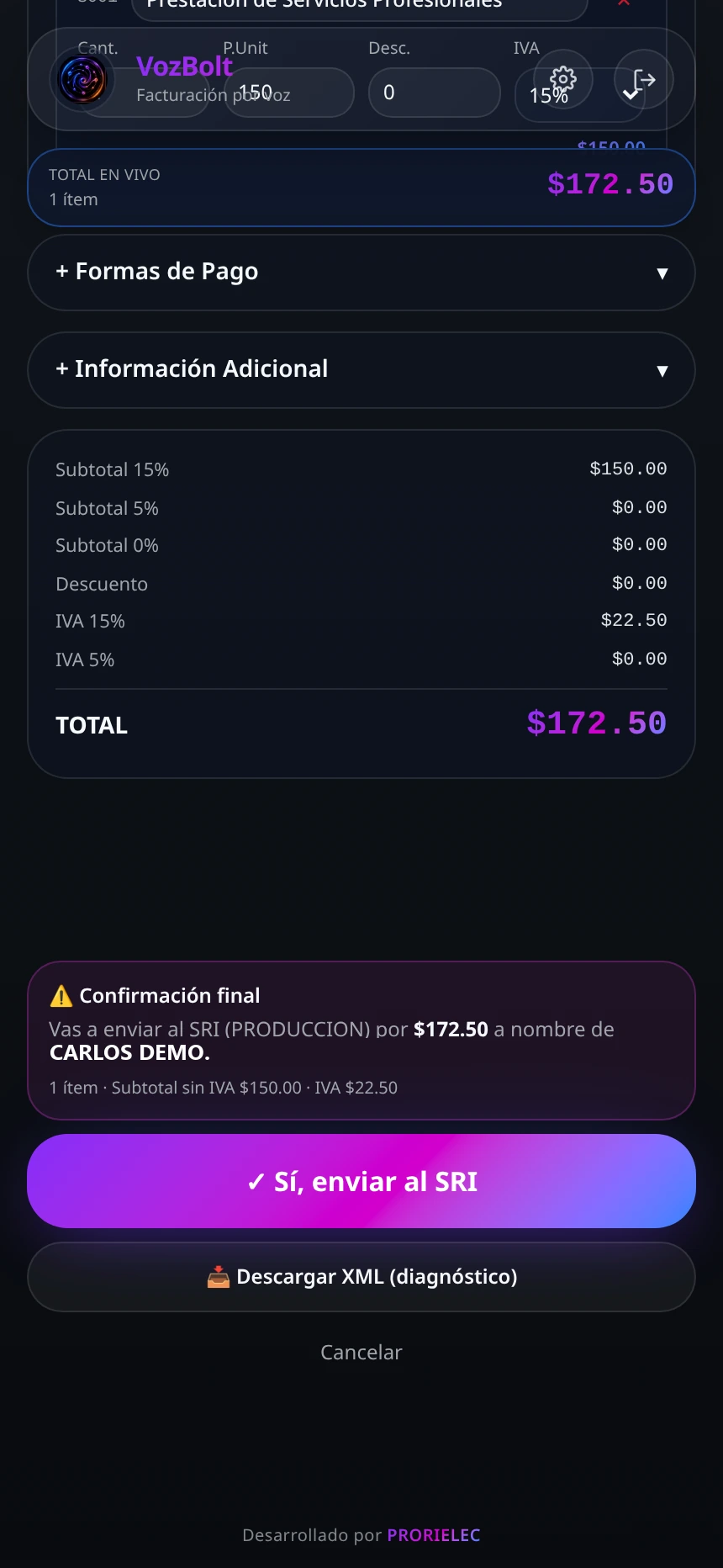 Modal de confirmación final antes del envío al SRI