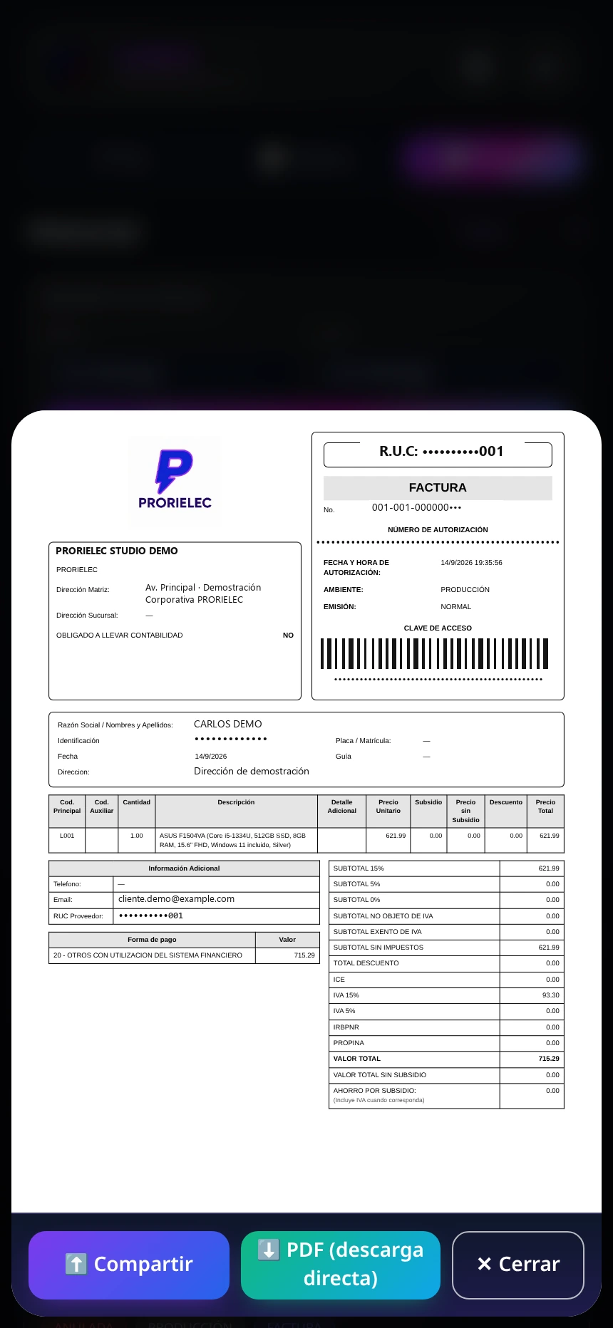 RIDE autorizado listo para descargar PDF o compartir