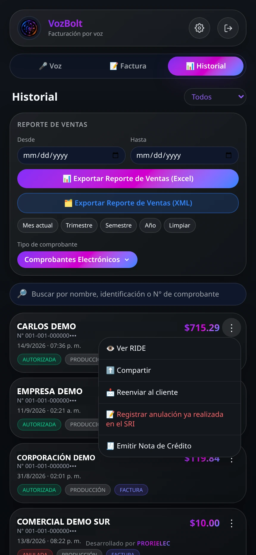 Menú de acciones sobre un comprobante: Ver RIDE, Compartir, Reenviar email y Nota de crédito