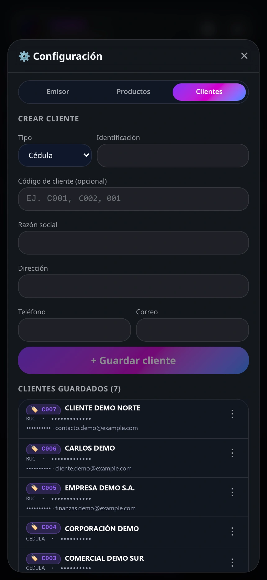 Agenda de clientes en VozBolt con códigos C007 a C003